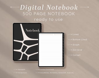 Quaderno digitale con collegamento ipertestuale / 500 pagine, a righe, grafico, griglia a punti (download PDF)