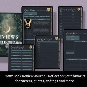 May include: Digital book review journal with various templates for tracking books, series, and quotes. The cover features the text "Reviews & Reflection" with a floral and moon design. The journal includes sections for book reviews, monthly wrap-ups, and favorite quotes.