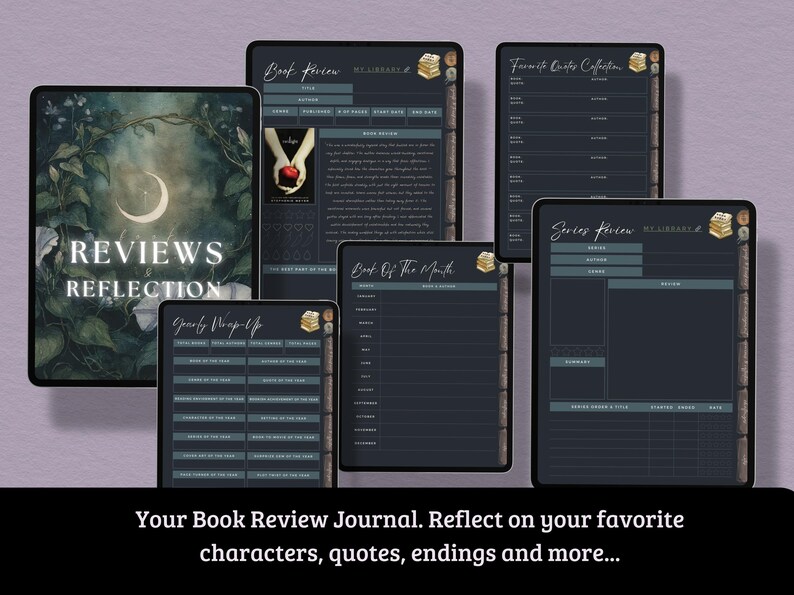 May include: Digital book review journal with various templates for tracking books, series, and quotes. The cover features the text "Reviews & Reflection" with a floral and moon design. The journal includes sections for book reviews, monthly wrap-ups, and favorite quotes.