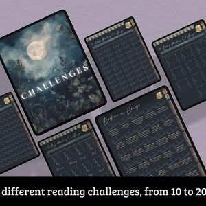 May include: An assortment of reading challenge cards with a dark blue and gold color scheme. The cards feature various designs, including a full moon and the text "CHALLENGES". The image also includes the text "8 different reading challenges, from 10 to 200".