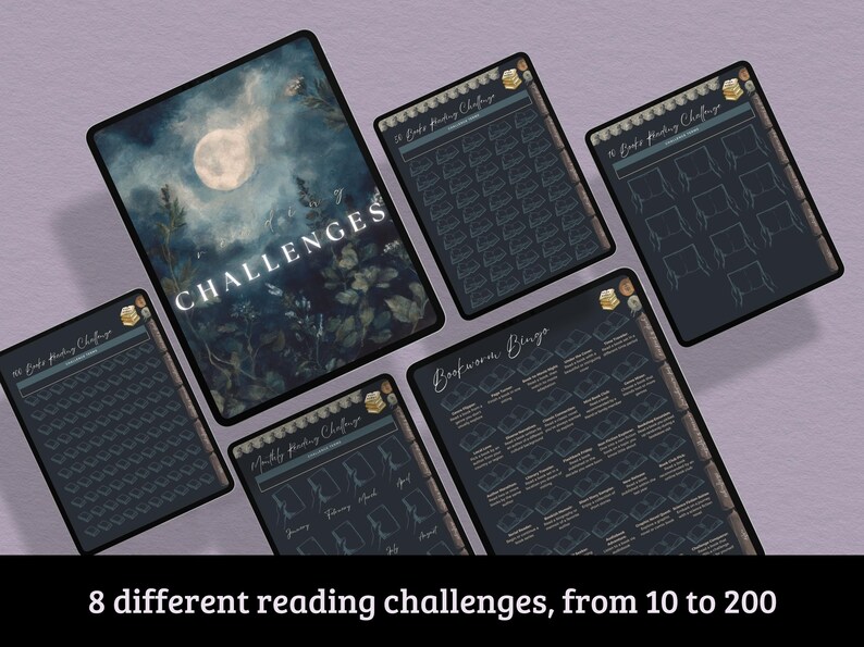 May include: An assortment of reading challenge cards with a dark blue and gold color scheme. The cards feature various designs, including a full moon and the text "CHALLENGES". The image also includes the text "8 different reading challenges, from 10 to 200".