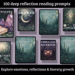 May include: An image featuring eight digital art cards with prompts for deep reflection. The cards display illustrations of crystals, a crescent moon, and nature scenes. Text includes "Journaling," "Growth," "Conclusion," "Evolution," and "Embracing Diversity."