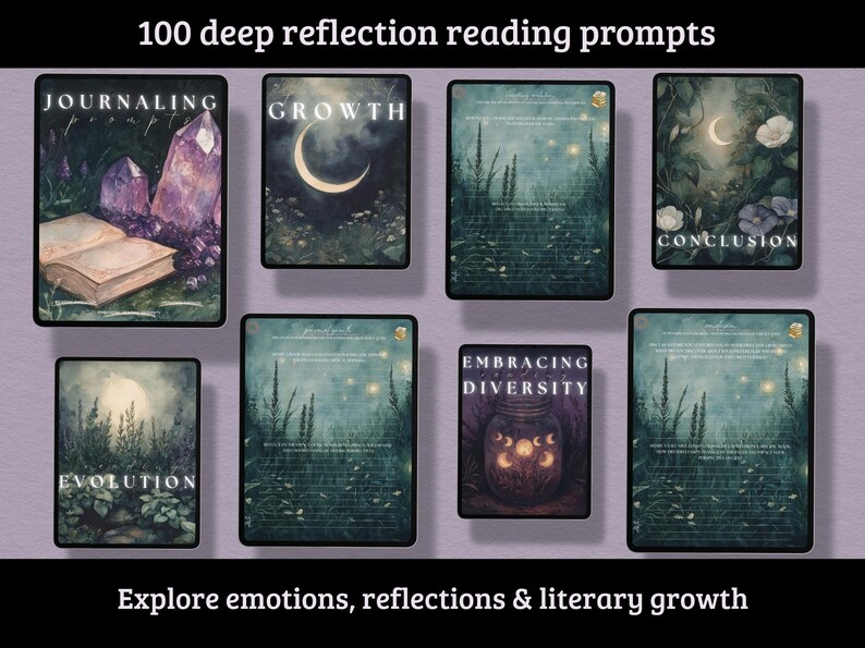 May include: An image featuring eight digital art cards with prompts for deep reflection. The cards display illustrations of crystals, a crescent moon, and nature scenes. Text includes "Journaling," "Growth," "Conclusion," "Evolution," and "Embracing Diversity."
