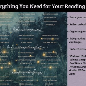May include: Digital reading journal with the text "Everything You Need for Your Reading Life." Includes sections for book management, reviews, and reading challenges. Features a dark background with white text and a purple sidebar.