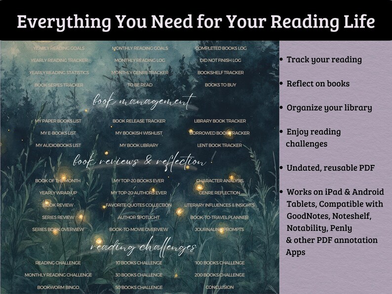 May include: Digital reading journal with the text "Everything You Need for Your Reading Life." Includes sections for book management, reviews, and reading challenges. Features a dark background with white text and a purple sidebar.