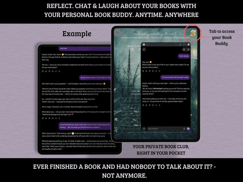 May include: Two tablets displaying a book club app interface. The app allows users to chat about books. The text on the screen includes "Example" and "Your private book club, right in your pocket."