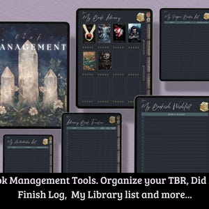 May include: Digital book management tools displayed on tablets. Includes a cover image with the word "MANAGEMENT" and crystal illustrations. Other tablets show book lists, wishlists, and library trackers. Text at the bottom reads "Book Management Tools."