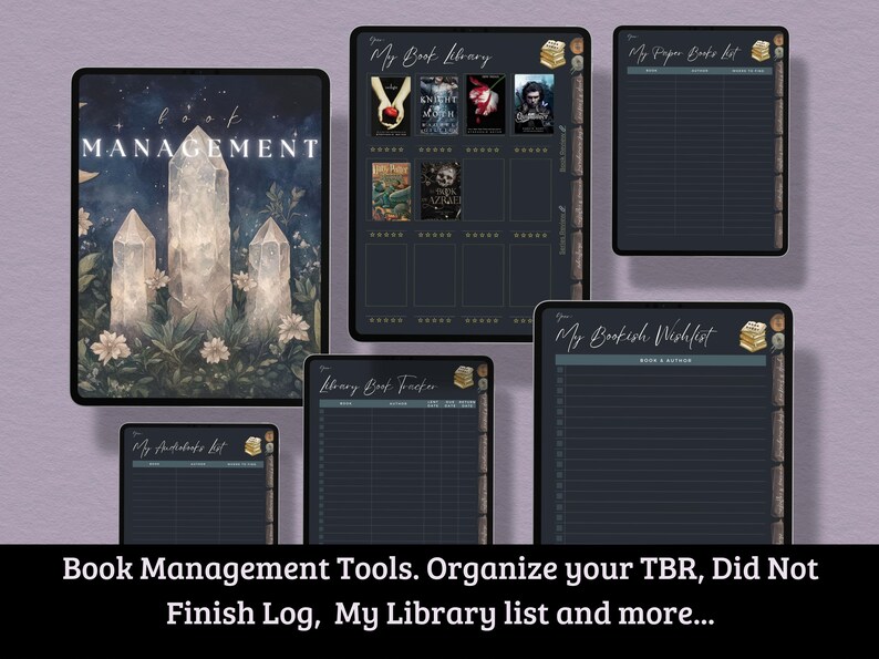May include: Digital book management tools displayed on tablets. Includes a cover image with the word "MANAGEMENT" and crystal illustrations. Other tablets show book lists, wishlists, and library trackers. Text at the bottom reads "Book Management Tools."