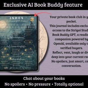 May include: A digital tablet displays a journal interface with the title "INDEX" and sections for reading goals and trackers. The screen shows a forest scene with a moon. Text includes "Book Reviews & Reflection" and "Reading Challenges."