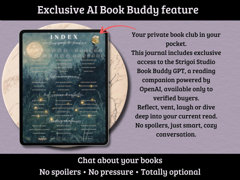 May include: A digital tablet displays a journal interface with the title "INDEX" and sections for reading goals and trackers. The screen shows a forest scene with a moon. Text includes "Book Reviews & Reflection" and "Reading Challenges."