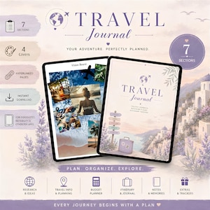 Può includere: Un diario di viaggio digitale con una combinazione di colori lavanda e bianco. Il diario include una vision board, un itinerario e un budget planner. La copertina recita "Travel Journal" con il claim "Your adventure. Perfectly planned."