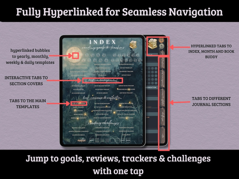 May include: A digital journal interface with a dark background, featuring an index, interactive tabs, and hyperlinks for navigation. The design includes sections for goals, reviews, and trackers, with the text "Fully Hyperlinked for Seamless Navigation."