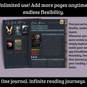 May include: Digital journal with a dark blue design, featuring book review templates and a library layout. The journal includes the text "My Book Library" and "Book Review". The text "Unlimited use! Add more pages anytime, endless flexibility" is also visible.