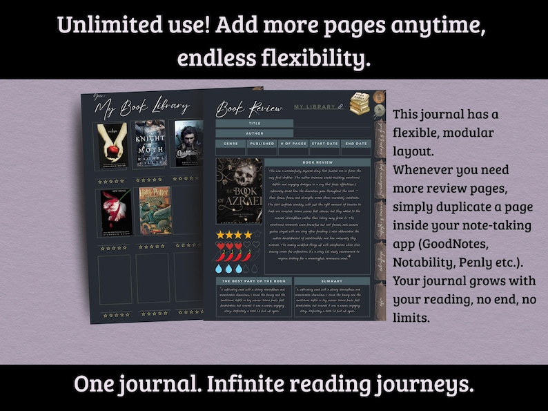May include: Digital journal with a dark blue design, featuring book review templates and a library layout. The journal includes the text "My Book Library" and "Book Review". The text "Unlimited use! Add more pages anytime, endless flexibility" is also visible.