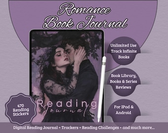 May include: Digital romance book journal with a couple embracing on the cover. Includes 470 reading stickers, book library, and series reviews. Features the text "Romance Book Journal" and "Reading Journal". Compatible with iPad and Android.