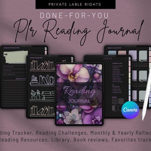 Puede incluir: Diario de lectura digital con un diseño de portada floral. El diario incluye secciones para el inventario de libros, desafíos de lectura y reflexiones. Un lápiz óptico blanco está colocado junto al diario. El texto del diario dice "Plr Reading Journal".