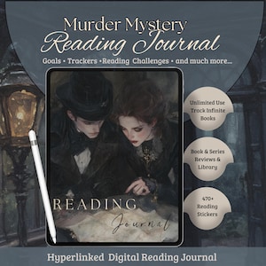Może przedstawiać: Cyfrowy dziennik czytelnika zatytułowany "Murder Mystery Reading Journal". Obraz przedstawia ilustrację w stylu vintage pary czytającej mapę. Tekst zawiera "Goals, Trackers, Reading Challenges, and much more..." i "Hyperlinked Digital Reading Journal."