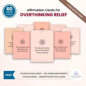May include: A set of 60 affirmation cards for overthinking relief in shades of peach and pink. Each card features a scribble icon and text such as 'My thoughts may feel heavy but they will pass' and 'It's okay to slow down and think more calmly'. Includes bonus items.