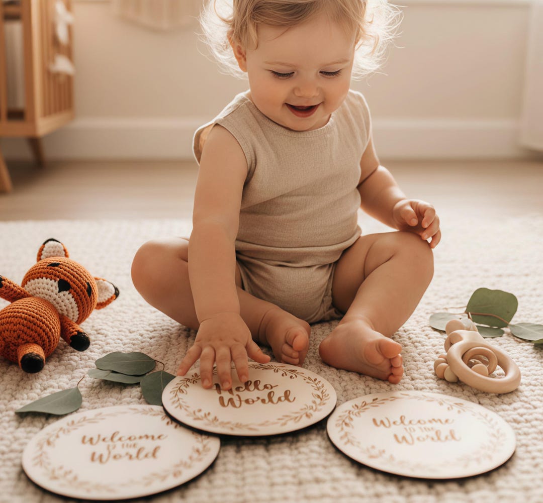 Personalised Baby Announcement Sign, Wooden Hello World Milestone Disc ...