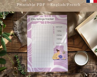 Yearly Etsy listings tracker – English and French Printable bullet journal page (PDF)