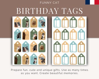 Birthday silly cats gift tags – 16 different tags - back/front – English French Printable (PDF)