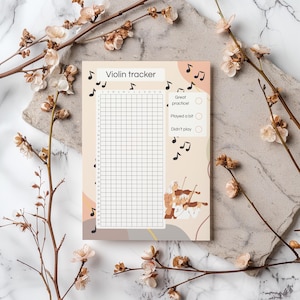 May include: A violin practice tracker with the title "Violin tracker" in a beige color scheme. The tracker includes a grid for tracking practice sessions, musical notes, and illustrations of violinists. Decorative floral branches surround the tracker.