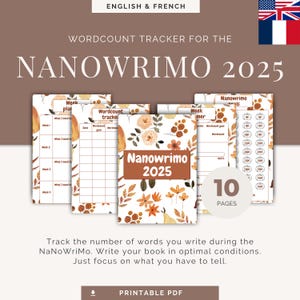 Könnte beinhalten: Ein druckbarer PDF-Wortzähler für NaNoWriMo 2025. Das Design zeigt florale Illustrationen in Orange- und Brauntönen. Der Tracker enthält 10 Seiten, um Autoren bei der Verfolgung ihrer Fortschritte zu unterstützen.