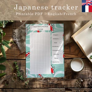 Peut inclure: Un suivi de pratique japonaise imprimable avec un fond turquoise et un motif de poissons koi. Le suivi comprend des sections pour Hiragana, Katakana, Kanji, Vocabulaire, Conjugaison, Écoute, Parole et Pas de pratique. Le texte "Japanese tracker" est en haut.