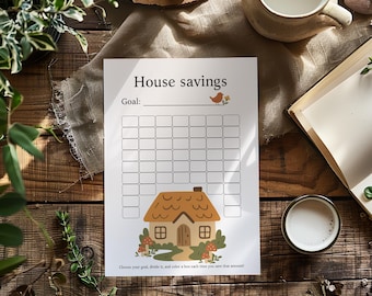 House savings cottagecore tracker – English and French Printable bullet journal page (PDF)