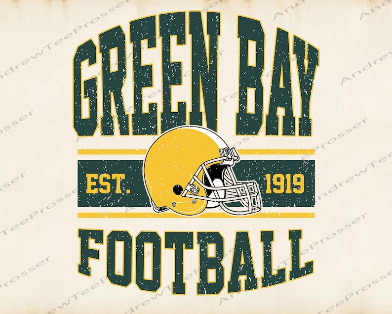 May include: A graphic design featuring the text GREEN BAY in dark green, a yellow football helmet with a white face mask, and the text EST. 1919, followed by the word FOOTBALL in dark green, all set against a light cream background.