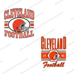 Op de afbeelding: Twee grafische ontwerpen met oranje footballhelmen. Het bovenste ontwerp toont CLEVELAND FOOTBALL in oranje blokletters. Het onderste ontwerp toont CLEVELAND in oranje, 19 en 46 aan de zijkanten, en Football in oranje cursief schrift onder de helm.