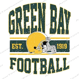 May include: A graphic design featuring the text GREEN BAY in dark green with a distressed texture, a yellow football helmet with a white face mask, and the text EST. 1919 in yellow, followed by the word FOOTBALL in dark green on a white background.