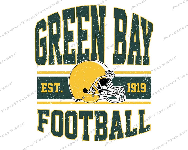 May include: A graphic design featuring the text GREEN BAY in dark green with a distressed texture, a yellow football helmet with a white face mask, and the text EST. 1919 in yellow, followed by the word FOOTBALL in dark green on a white background.