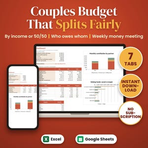 Couples Budget Spreadsheet, Split Bills by Income or 50/50, Who Owes Whom, Weekly Money Meeting, Excel & Google Sheets 2027