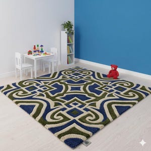 Modern Geometric Kids Room Rug – Blue & Green Abstract Pattern Soft Carpet | Stylish Playroom Area Rug