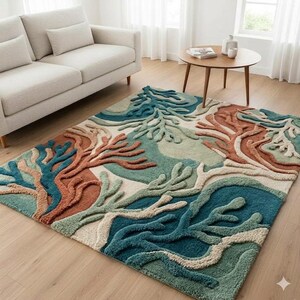 Modern Abstract Coral Pattern Rug – Handmade Tufted Area Rug, Soft Textured Carpet for Living Room, Luxury Contemporary Floor Decor