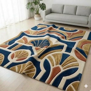 Modern Abstract Geometric Rug, Blue Beige Terracotta Area Rug, Contemporary Living Room Carpet, Artistic Pattern Floor Rug, Luxury Home RUG