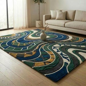 Modern Abstract Swirl Area Rug, Hand Tufted Wool Carpet, Blue Green Geometric Rug, Contemporary Living Room Rug, Artistic Designer Floor Rug