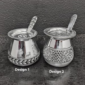 Sterling Silver Oil Jar with Spoons, Puja Oil Pot, Handcrafted Indian Religious Gift, Traditional Temple Decor 170g Each