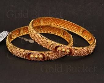 2 Armreifen Set Echt Massiv 22k Gold Klassischer Stil Hochzeitsschmuck, Inner Harz wachs gefüllt
