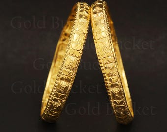 2 Armreifen Set Echt Massiv 22k Gold Klassischer Stil Hochzeitsschmuck, Inner Harz wachs gefüllt