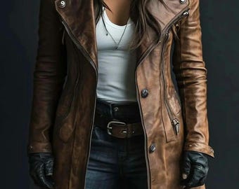 Distressed Brown Lambskin Leather Trench Coat | Shearling Collar