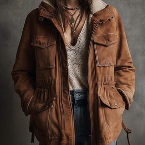 Puede incluir: Chaqueta de ante marrón con cuello forrado de forro polar color crema y múltiples bolsillos. La chaqueta tiene cintura con cordón y se usa sobre una blusa blanca y vaqueros azules. La modelo lleva collares superpuestos.