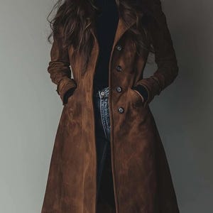Puede incluir: Un abrigo largo de ante marrón con botones y bolsillos. El abrigo llega a la rodilla y tiene un diseño clásico y entallado. La modelo lleva un cuello alto negro y vaqueros azules.