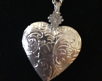 Embossed Silver Heart Locket Necklace with Rhinestone Bail