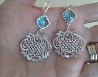 March Birthstone - Silver Earrings With Aqua Stone - Filigree Earrings -- 2 1/2" Long