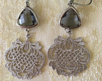 Gray Crystal Teardrop Earrings: Silver Filigree Dangle Earrings