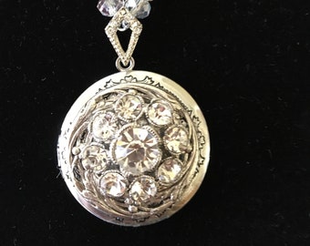 Crystal and Silver Locket Necklace - April "Diamond" Rhinestone Birthstone - Crystal Bead Chain