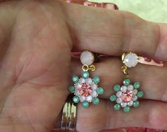 Swarovski Crystal Flower Earrings: Aqua & Rose Opal Studs