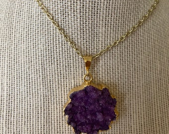 February Birthday - Amethyst Druzy Pendant Necklace - Gold Embellishment - Choose Your Length